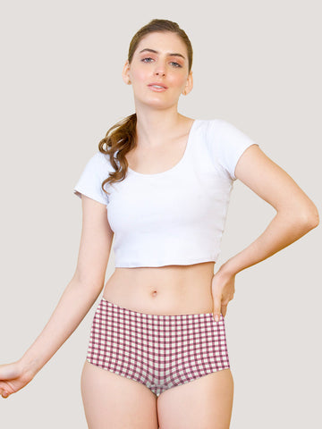 Kalyani 7501 Hipster Coverage Cotton Lycra Panties for Girls | Pack of 1 (Printed Colour/Wine Check)